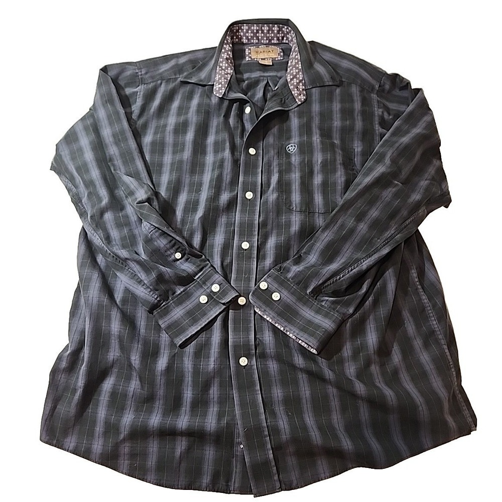 Ariat Shirt Mens Large Black Plaid Flip Cuff Wrinkle Free Cotton Western Cotton